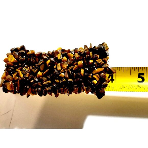 Vintage Tigers Eye Chips Gemstone Stretchable Bracelet 1.5" Wide - Picture 7 of 8